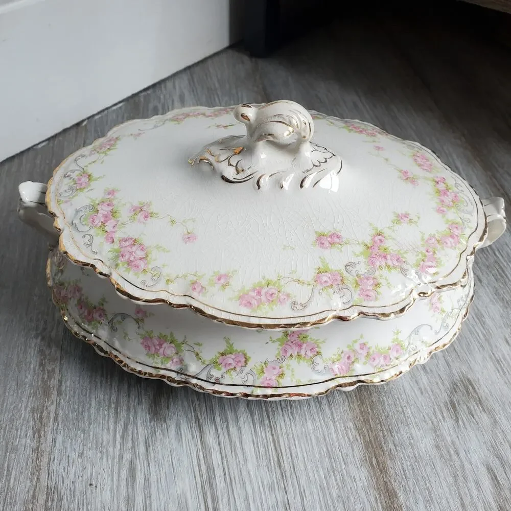 Antique Homer Laughlin Hudson Floral Tureen with Lid Floral Gold Trim H-170